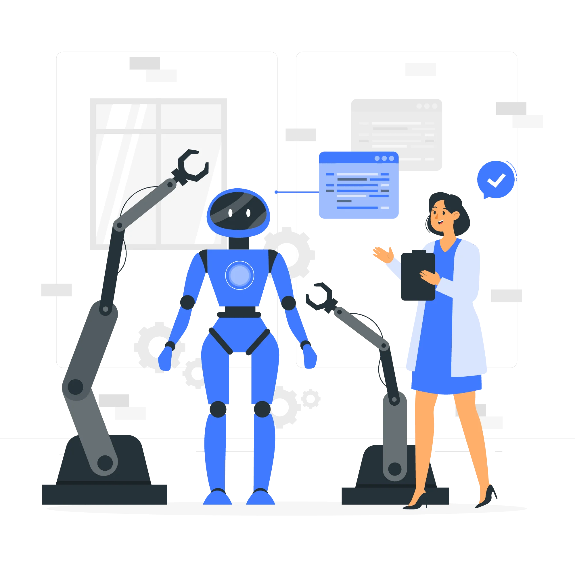 Illustration of people collaborating to build and prompt a friendly robot