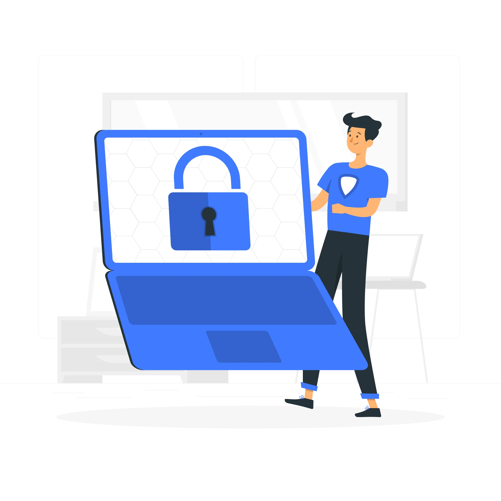 Illustration of secure data — a person protecting a key/credential with a shield