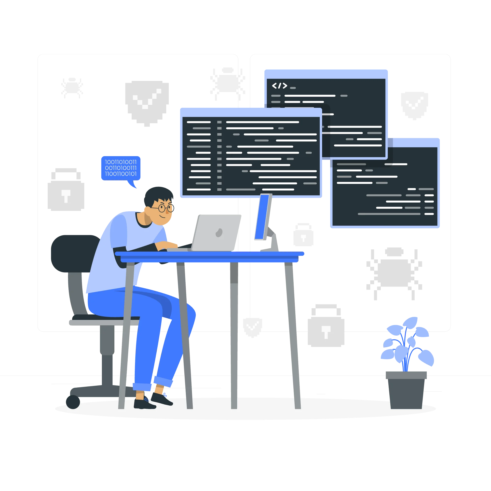 Illustration of a person typing at a laptop with code and content elements floating around them