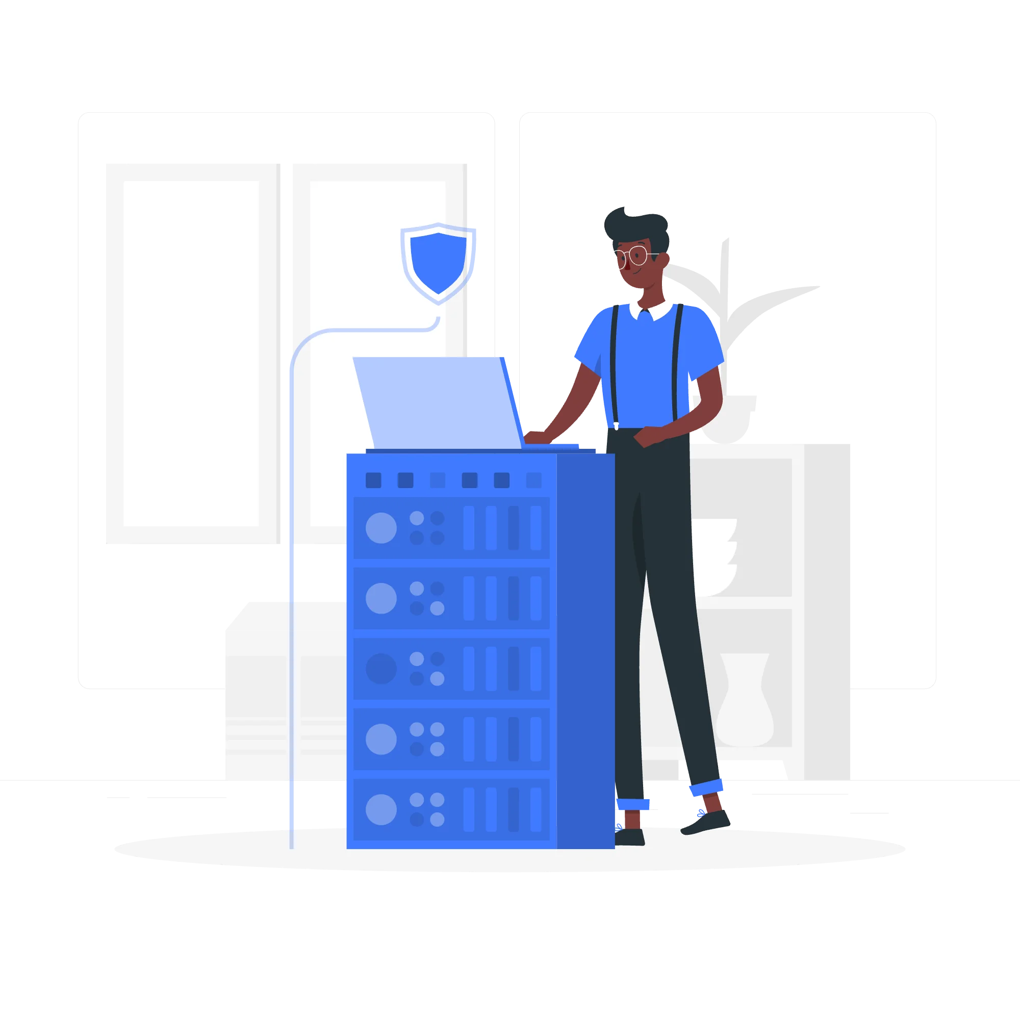 Illustration of a person standing beside a secure server rack