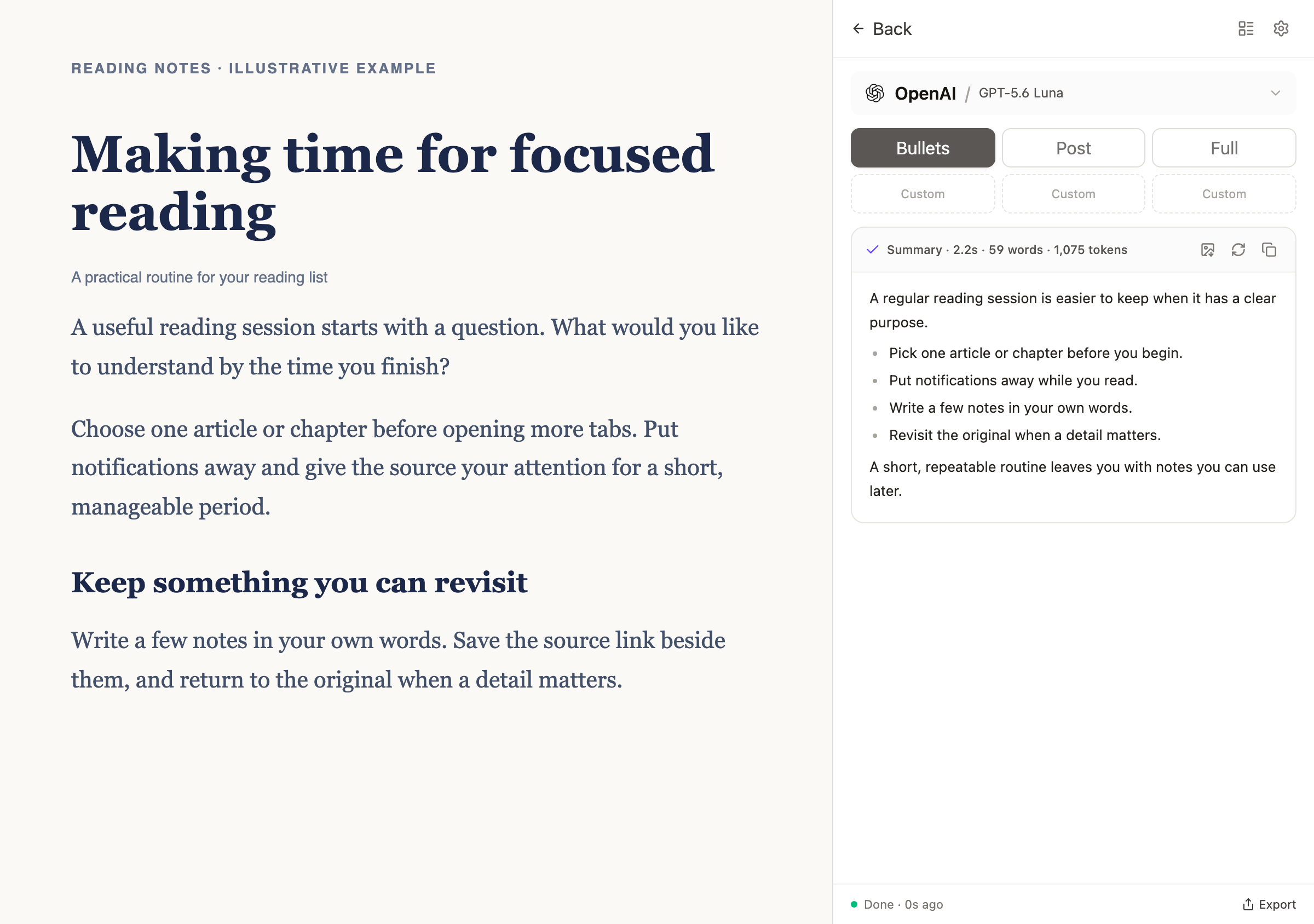 Reduz extension summarizing a page with local history