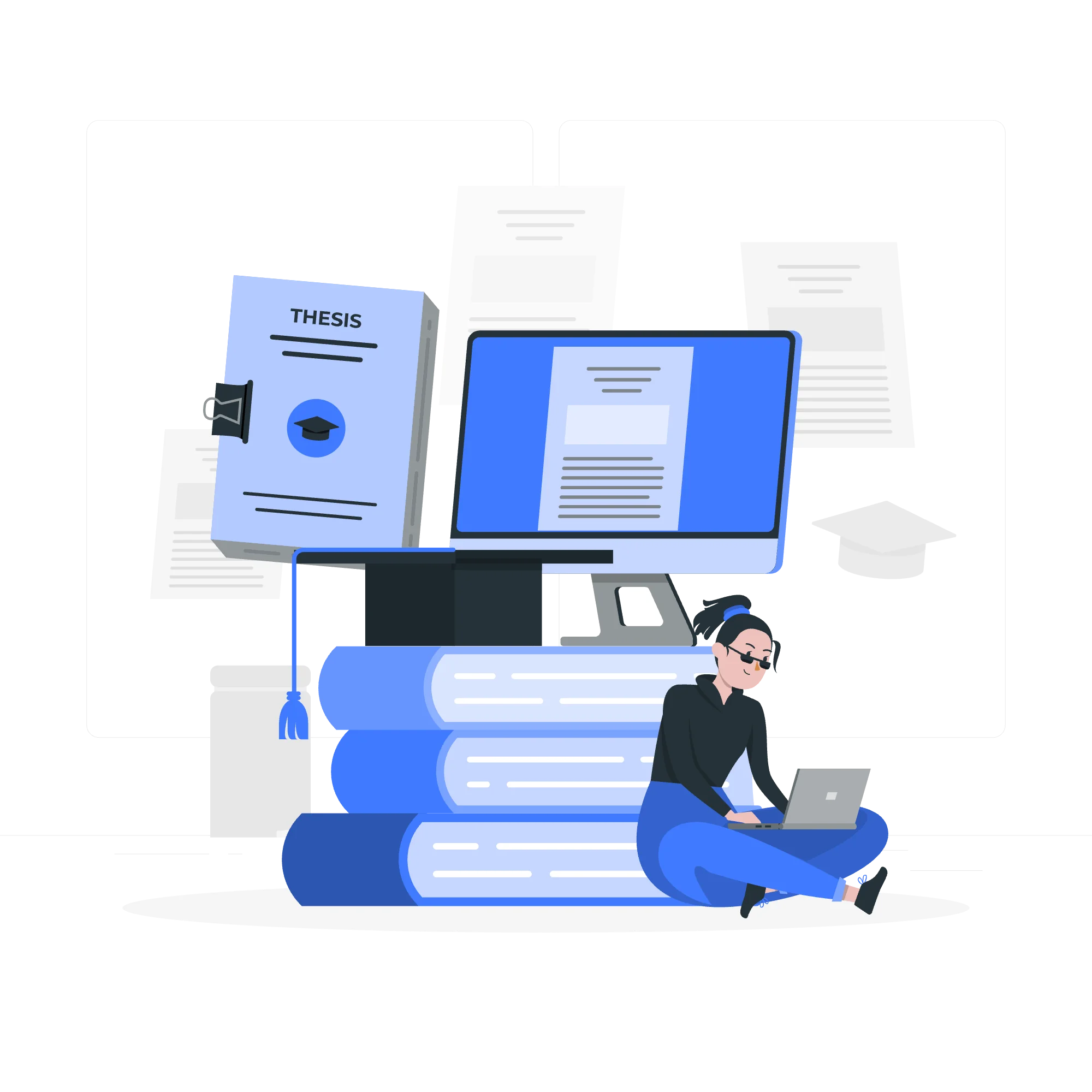 Illustration of a researcher reading and annotating a thesis or academic paper