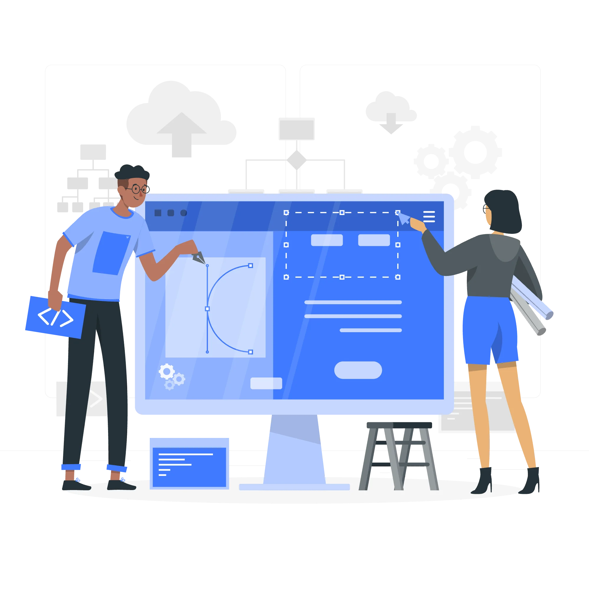 Illustration of a person designing and reading a webpage on a large screen