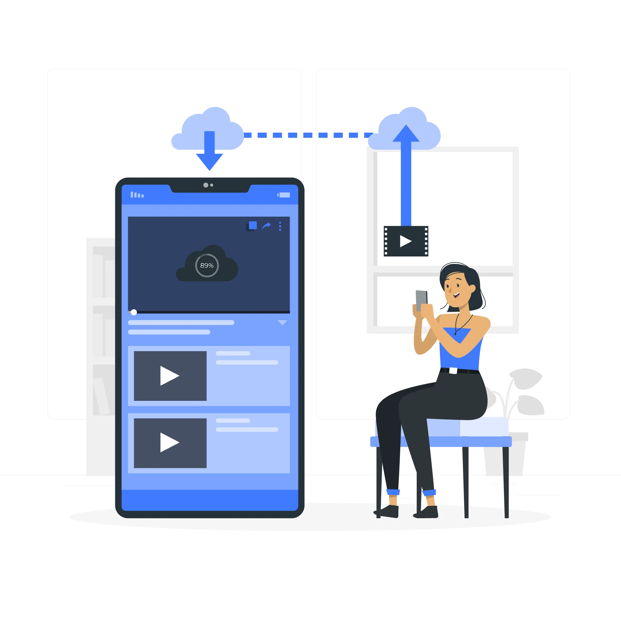 Illustration of a person watching and uploading video content from a laptop